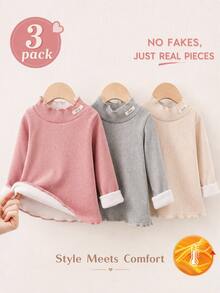 SHEIN Playful Pals 3pcs Toddler Baby Girls Pullover Tops Sweet Pink Grey Beige Lettuce Trim Long Sleeve Mock Neck Thick Birthday Party Winter Fall Jumpers Sweaters Plush - Multicolor - View 12