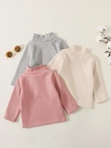 SHEIN Playful Pals 3pcs Toddler Baby Girls Pullover Tops Sweet Pink Grey Beige Lettuce Trim Long Sleeve Mock Neck Thick Birthday Party Winter Fall Jumpers Sweaters Plush - Multicolor - View 3