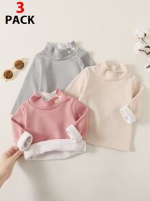 SHEIN Playful Pals 3pcs Toddler Baby Girls Pullover Tops Sweet Pink Grey Beige Lettuce Trim Long Sleeve Mock Neck Thick Birthday Party Winter Fall Jumpers Sweaters Plush - Multicolor - View 8