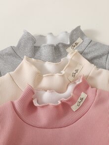 SHEIN Playful Pals 3pcs Toddler Baby Girls Pullover Tops Sweet Pink Grey Beige Lettuce Trim Long Sleeve Mock Neck Thick Birthday Party Winter Fall Jumpers Sweaters Plush - Multicolor - View 10