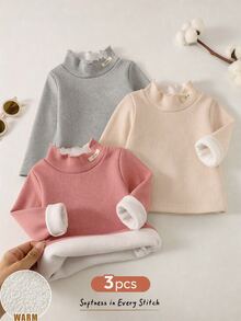 SHEIN Playful Pals 3pcs Toddler Baby Girls Pullover Tops Sweet Pink Grey Beige Lettuce Trim Long Sleeve Mock Neck Thick Birthday Party Winter Fall Jumpers Sweaters Plush - Multicolor - View 11
