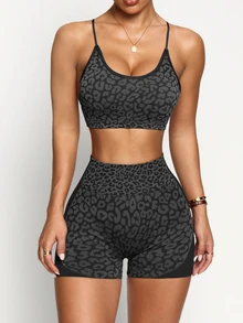 Slayform Slayform Multicolor Strappy Back Crop Top And Shorts Activewear Set Open Romper Leopard Print Biker Workout Fitness Sports Bra Women Two Piece Sets - Multicolor - View 4