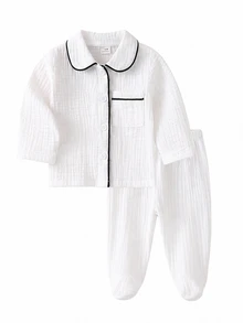 (Random 6-Piece Set) Newborn Crinkle Fabric Solid Color Gray Blue Bean Red White Apricot Coffee Green Soft Long Sleeve Top And Footed Pants 2 Pieces - Multicolor - View 4