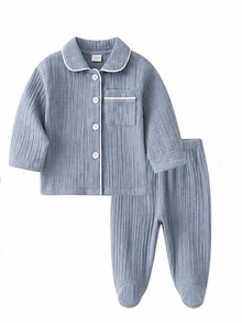 (Random 6-Piece Set) Newborn Crinkle Fabric Solid Color Gray Blue Bean Red White Apricot Coffee Green Soft Long Sleeve Top And Footed Pants 2 Pieces - Multicolor - View 5