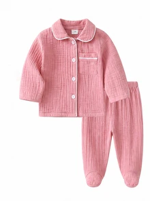 (Random 6-Piece Set) Newborn Crinkle Fabric Solid Color Gray Blue Bean Red White Apricot Coffee Green Soft Long Sleeve Top And Footed Pants 2 Pieces - Multicolor - View 6