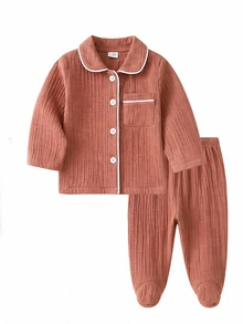 (Random 6-Piece Set) Newborn Crinkle Fabric Solid Color Gray Blue Bean Red White Apricot Coffee Green Soft Long Sleeve Top And Footed Pants 2 Pieces - Multicolor - View 8