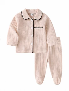 (Random 6-Piece Set) Newborn Crinkle Fabric Solid Color Gray Blue Bean Red White Apricot Coffee Green Soft Long Sleeve Top And Footed Pants 2 Pieces - Multicolor - View 7