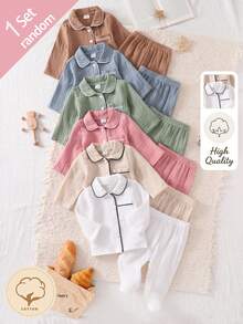 (Random 6-Piece Set) Newborn Crinkle Fabric Solid Color Gray Blue Bean Red White Apricot Coffee Green Soft Long Sleeve Top And Footed Pants 2 Pieces - Multicolor - View 3