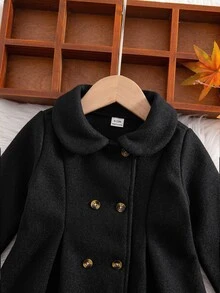 SHEIN 女嬰純色雙排扣休閒百搭秋季大衣 - 黑色 - 查看 4