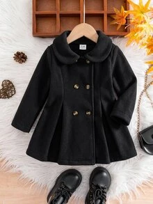 SHEIN 女嬰純色雙排扣休閒百搭秋季大衣 - 黑色 - 查看 3
