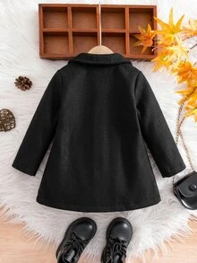 SHEIN 女嬰純色雙排扣休閒百搭秋季大衣 - 黑色 - 查看 2