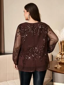 SHEIN Clasi قميص نسائي مقاس كبير بطبعة هندسية وزهرية وخطوط، بأزرار أمامية وأكمام طويلة، ملابس شارع للتنقل والاستخدام اليومي في الخريف والشتاء - بني - مشاهدة 2