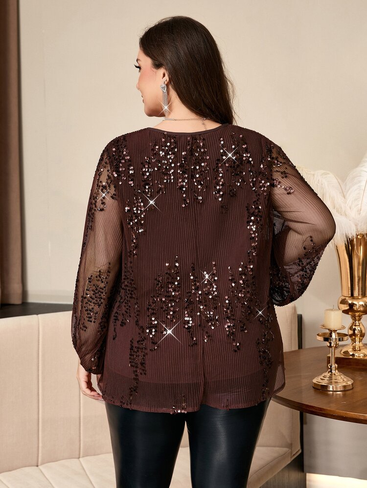 SHEIN Clasi قميص نسائي مقاس كبير بطبعة هندسية وزهرية وخطوط، بأزرار أمامية وأكمام طويلة، ملابس شارع للتنقل والاستخدام اليومي في الخريف والشتاء - بني - مشاهدة 2