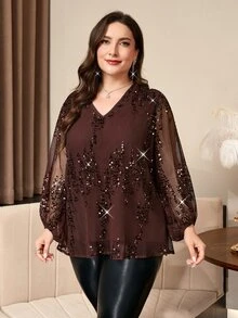 SHEIN Clasi قميص نسائي مقاس كبير بطبعة هندسية وزهرية وخطوط، بأزرار أمامية وأكمام طويلة، ملابس شارع للتنقل والاستخدام اليومي في الخريف والشتاء - بني - مشاهدة 6