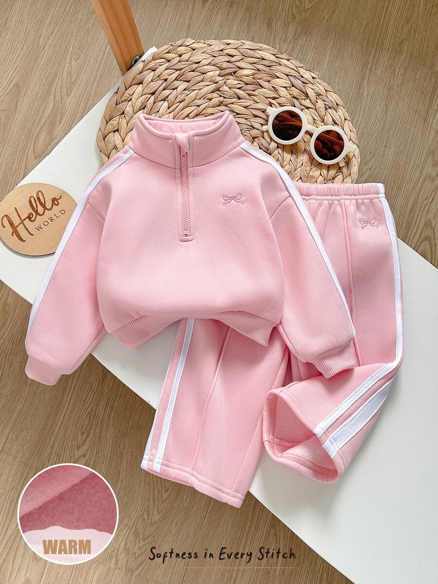 Cozy Pixies 女嬰秋冬抓絨個性化時尚刺繡字母拉鍊連帽外套與長褲兩件套,適合外出、居家及其他場合 - 粉色 - 查看 1