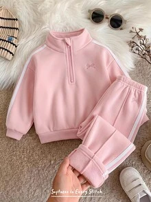 Cozy Pixies 女嬰秋冬抓絨個性化時尚刺繡字母拉鍊連帽外套與長褲兩件套，適合外出、居家及其他場合 - 粉色 - 查看 2