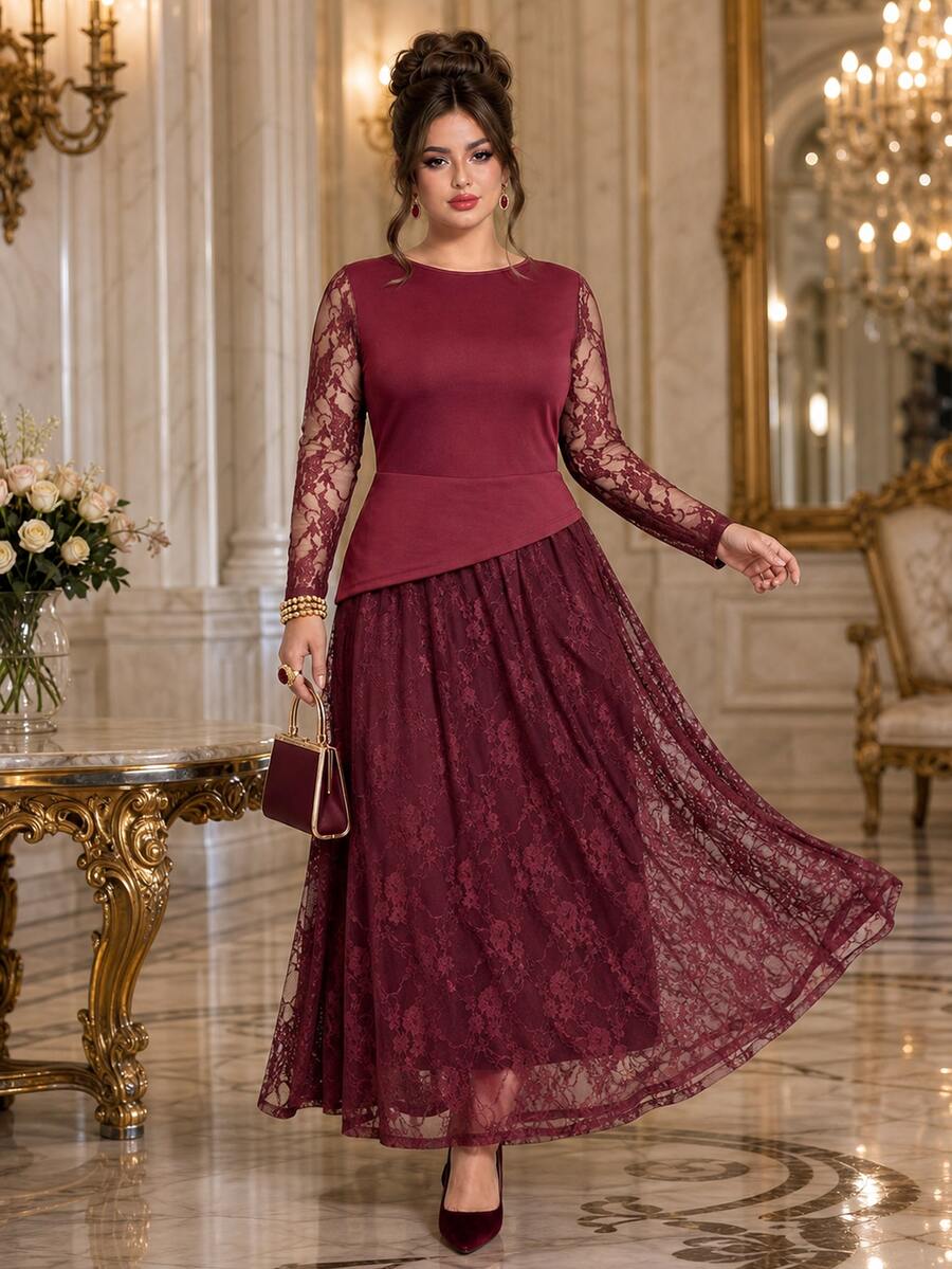 Roveilla Plus Size Knitted One-Shoulder Round Neck Long Sleeve Lace Asymmetric Hem Elegant A-Line Cocktail Dress Wedding Burgundy Autumn Fall - Burgundy - View 1