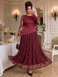 Roveilla Plus Size Knitted One-Shoulder Round Neck Long Sleeve Lace Asymmetric Hem Elegant A-Line Cocktail Dress Wedding Burgundy Autumn Fall - Burgundy - View 3
