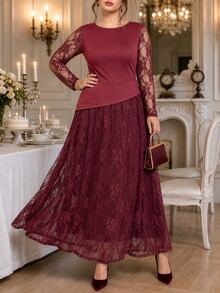 Roveilla Plus Size Knitted One-Shoulder Round Neck Long Sleeve Lace Asymmetric Hem Elegant A-Line Cocktail Dress Wedding Burgundy Autumn Fall - Burgundy - View 5