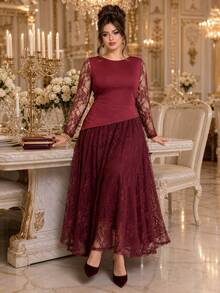 Roveilla Plus Size Knitted One-Shoulder Round Neck Long Sleeve Lace Asymmetric Hem Elegant A-Line Cocktail Dress Wedding Burgundy Autumn Fall - Burgundy - View 4