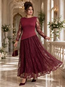 Roveilla Plus Size Knitted One-Shoulder Round Neck Long Sleeve Lace Asymmetric Hem Elegant A-Line Cocktail Dress Wedding Burgundy Autumn Fall - Burgundy - View 6