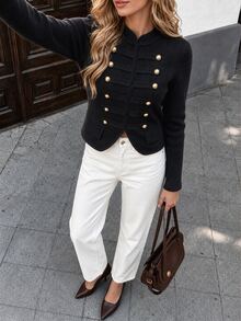 SHEIN PariChic 女款秋冬復古金鈕扣軍裝風拿破崙雙排扣立領設計短腰修身針織套頭上衣 - 黑色 - 查看 6