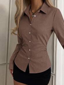 SHEIN EZwear Back To School Dress Shirt Shirt Waist Ruched Front Button Long Sleeve Shirt For Early Autumn - Multicolor - View 5