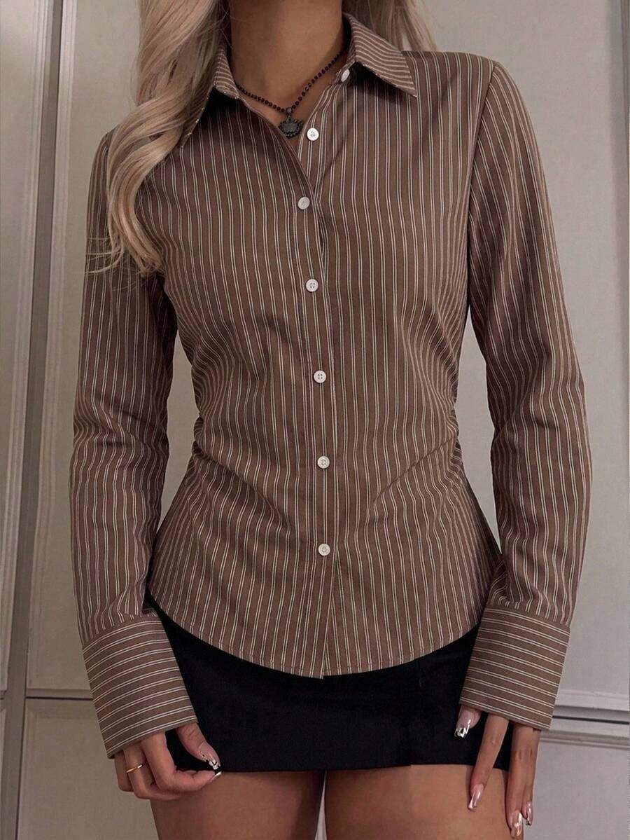 SHEIN EZwear Back To School Dress Shirt Shirt Waist Ruched Front Button Long Sleeve Shirt For Early Autumn - Multicolor - View 1