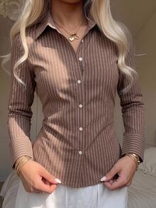 SHEIN EZwear Back To School Dress Shirt Shirt Waist Ruched Front Button Long Sleeve Shirt For Early Autumn - Multicolor - View 1