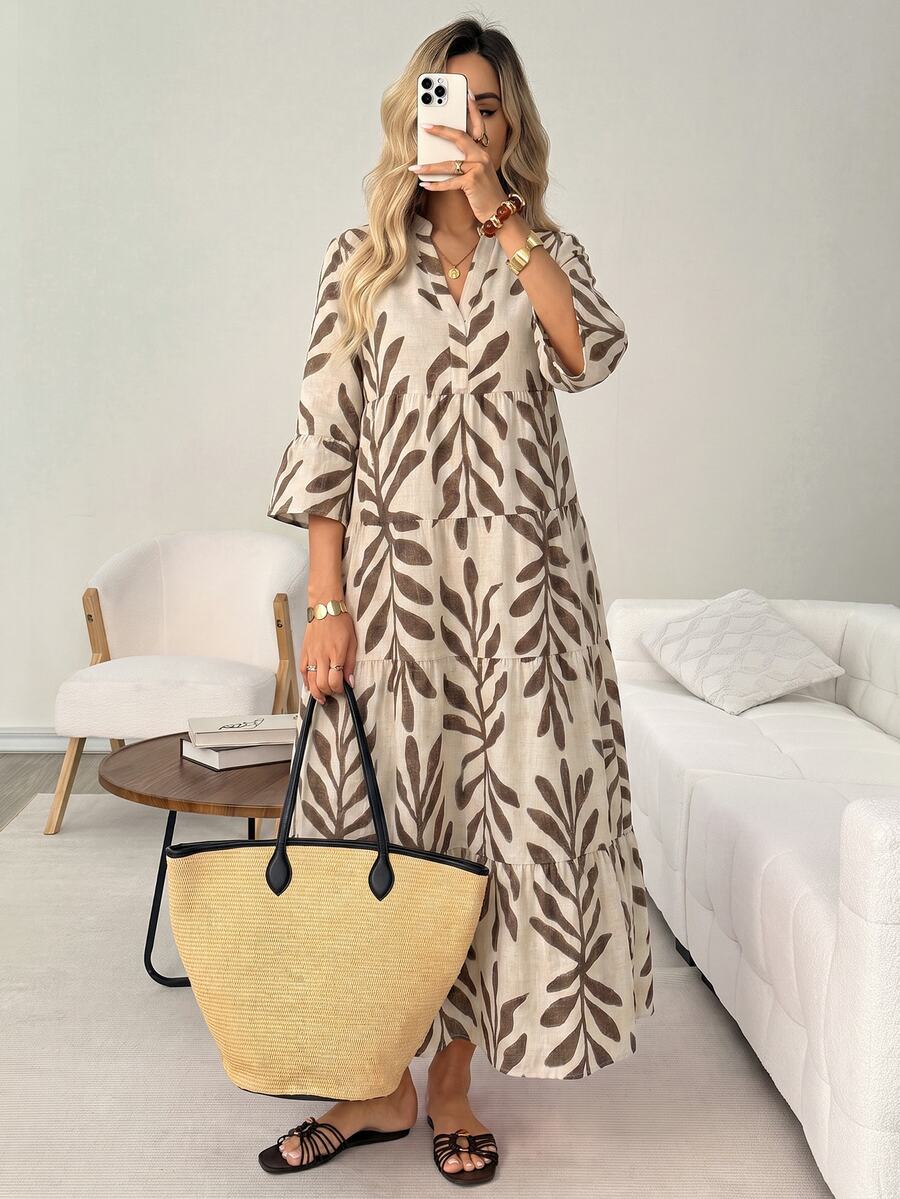 SHEIN LUNE Women's Floral V-Neck 3/4 Sleeve Tiered Maxi Dress, Versatile For Spring, Summer, Autumn, Winter