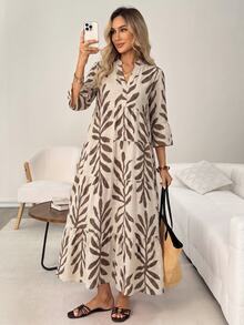 SHEIN LUNE Women's Floral V-Neck 3/4 Sleeve Tiered Maxi Dress, Versatile For Spring, Summer, Autumn, Winter - Multicolor - View 5