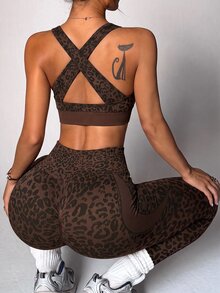 Dewbera Dewbera Women's Seamless Brown Zebra Print Cropped Tank Top And Leggings Sports Sporty Athletic Set Gym Autumn - Brown - View 2