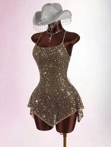 Amplova Women's Sequin Sexy Date Party Mini Spaghetti Strap Dress - Khaki - View 9