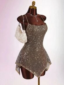 Amplova Women's Sequin Sexy Date Party Mini Spaghetti Strap Dress - Khaki - View 7