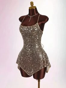 Amplova Women's Sequin Sexy Date Party Mini Spaghetti Strap Dress - Khaki - View 10