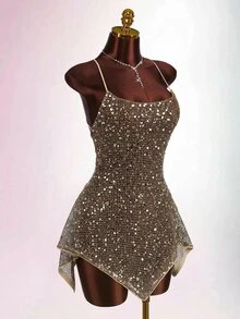 Amplova Women's Sequin Sexy Date Party Mini Spaghetti Strap Dress - Khaki - View 5