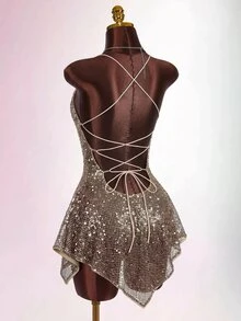 Amplova Women's Sequin Sexy Date Party Mini Spaghetti Strap Dress - Khaki - View 2