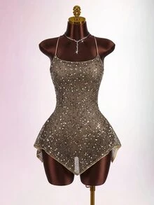 Amplova Women's Sequin Sexy Date Party Mini Spaghetti Strap Dress - Khaki - View 8