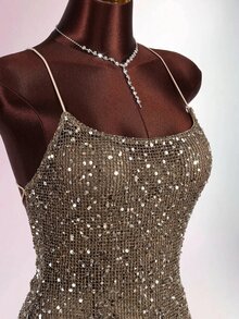 Amplova Women's Sequin Sexy Date Party Mini Spaghetti Strap Dress - Khaki - View 11