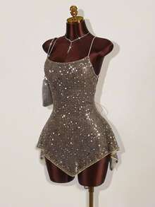 Amplova Women's Sequin Sexy Date Party Mini Spaghetti Strap Dress - Khaki - View 1