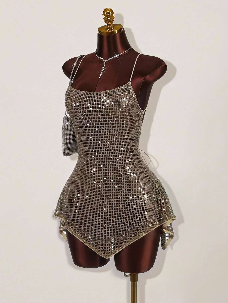 Amplova Women's Sequin Sexy Date Party Mini Spaghetti Strap Dress - Khaki - View 1