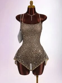 Amplova Women's Sequin Sexy Date Party Mini Spaghetti Strap Dress - Khaki - View 6