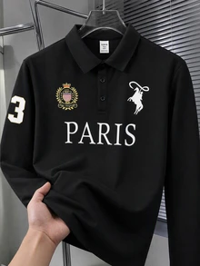 SHEIN 青少年男孩休閒字母印花翻領半開襟針織 Polo 衫套頭衫 - 黑色 - 查看 4