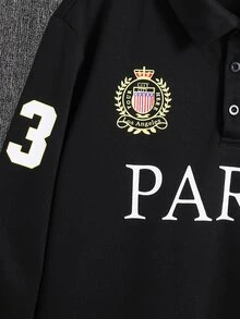 SHEIN 青少年男孩休閒字母印花翻領半開襟針織 Polo 衫套頭衫 - 黑色 - 查看 6