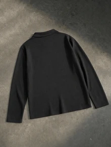 SHEIN 青少年男孩休閒字母印花翻領半開襟針織 Polo 衫套頭衫 - 黑色 - 查看 2