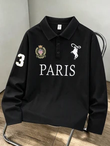 SHEIN 青少年男孩休閒字母印花翻領半開襟針織 Polo 衫套頭衫 - 黑色 - 查看 3