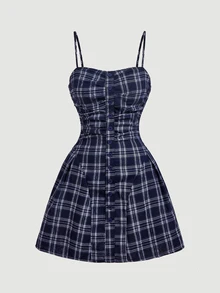 SHEIN MOD Women's Vintage Fashion Plaid Strap Vacation Dress - Navy Blue - View 5