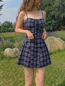 SHEIN MOD Women's Vintage Fashion Plaid Strap Vacation Dress - Navy Blue - View 3