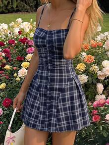 SHEIN MOD Women's Vintage Fashion Plaid Strap Vacation Dress - Navy Blue - View 2
