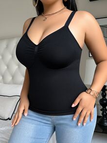 SHEIN 1件女士无缝塑身上衣，腰腹部瘦身，简约舒适，黑色 - 黑色 - 查看 6